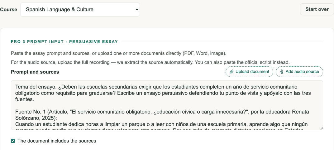 Screenshot: the course selector set to Spanish Language & Culture, with the essay prompt and its sources pasted in, and buttons to upload a document or add the audio source
