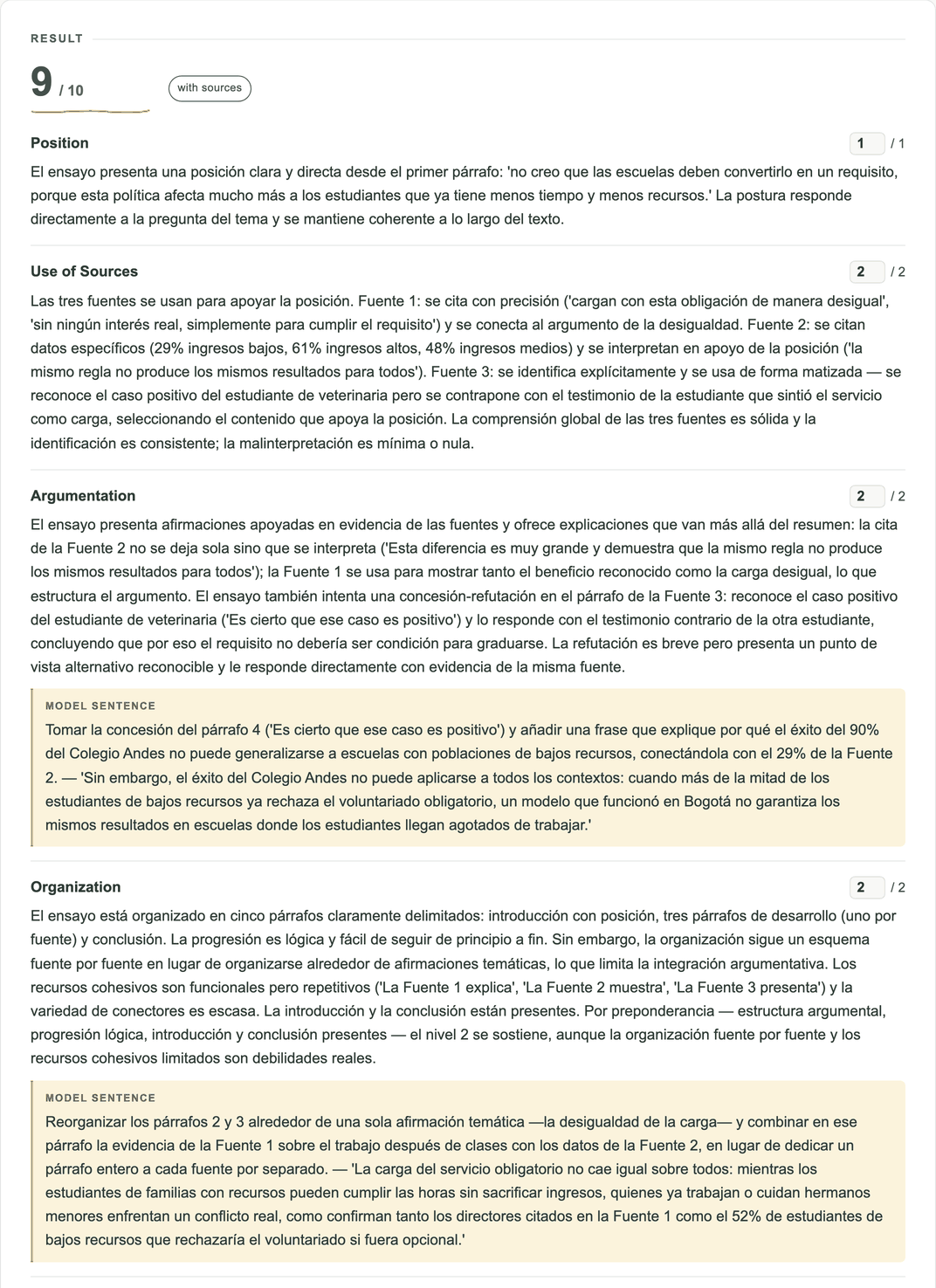 Screenshot: a 9 out of 10 result with a score per criterion, written justifications that quote the essay, and model sentences on more than one criterion